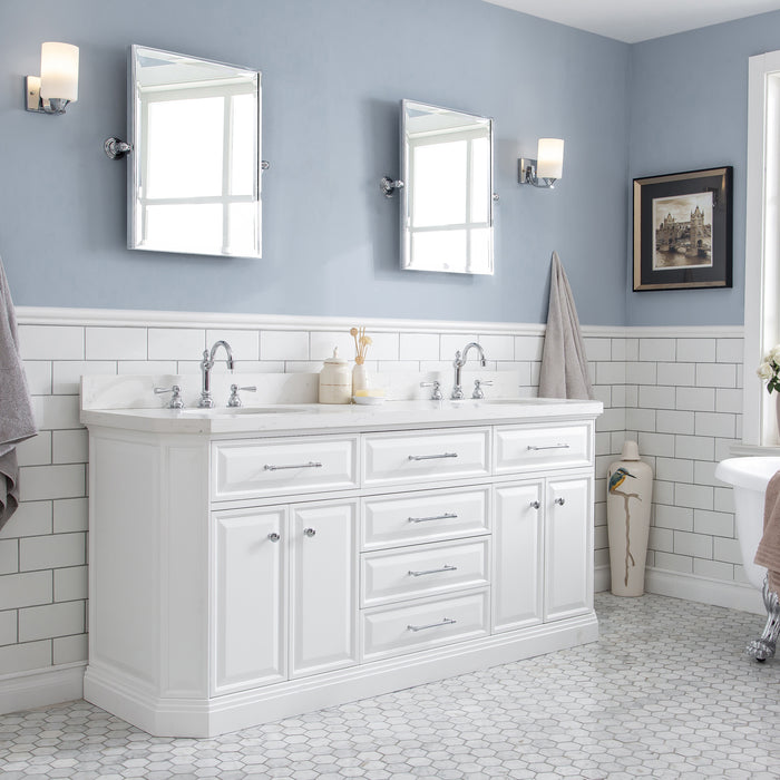 72-Inch Cosmos White Bathroom Vanity – Quartz Countertop with Hook Faucets & Chrome Hardware