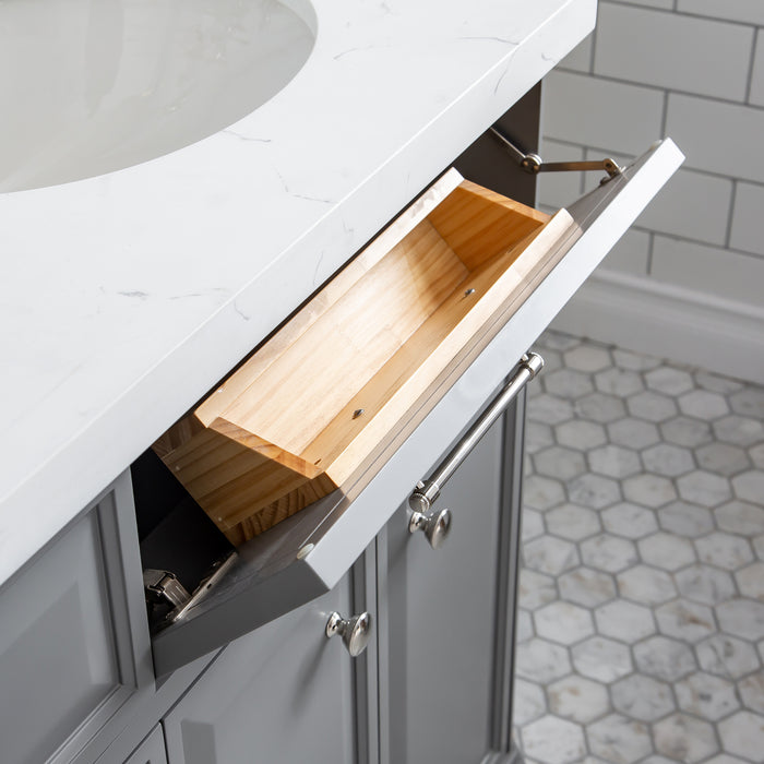 72" Penrose Cashmere Grey Vanity – Carrara Quartz Countertop & Polished Nickel Handles
