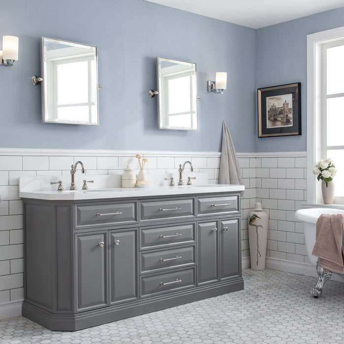72 Inch Corland Double Sink Vanity in Cashmere Grey - Nickel Hardware with Hook Faucets & Pivot Mirrors