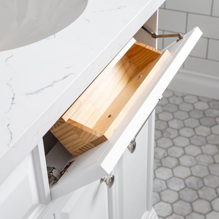 72-Inch Solstice Quartz Double Sink Vanity – Hook Faucets & Nickel Hardware with Mirror
