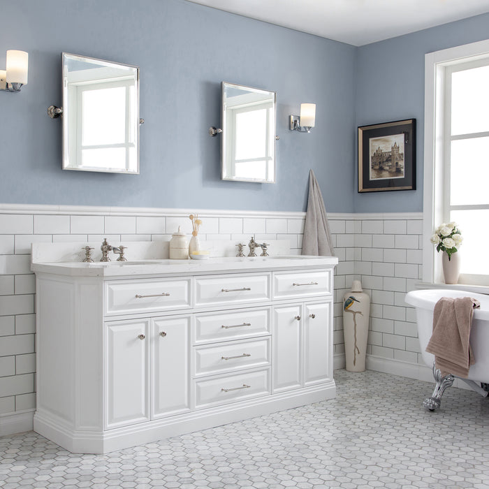 72-Inch Amistad Quartz Double Sink Vanity in White Finish – Nickel Hardware & Waterfall Faucet