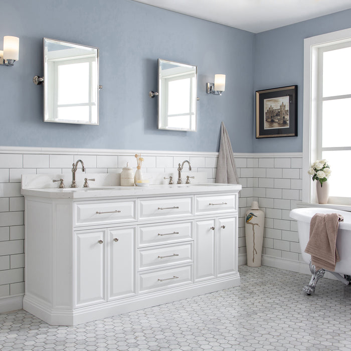 72-Inch Solstice Quartz Double Sink Vanity – Hook Faucets & Nickel Hardware with Mirror