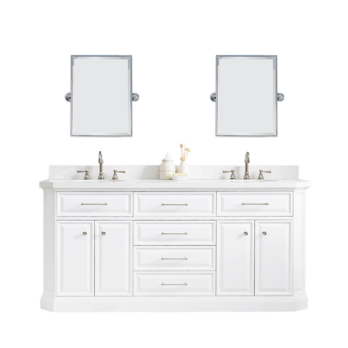 72-Inch Solstice Quartz Double Sink Vanity – Hook Faucets & Nickel Hardware with Mirror