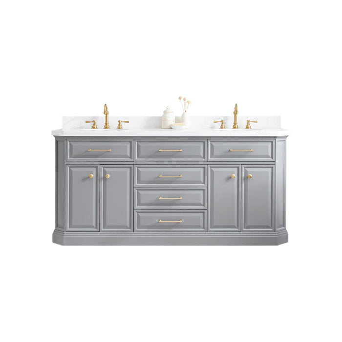 72-Inch Grey Quartz Countertop Exalt Double Vanity – Satin Gold Accents & Hook Faucets