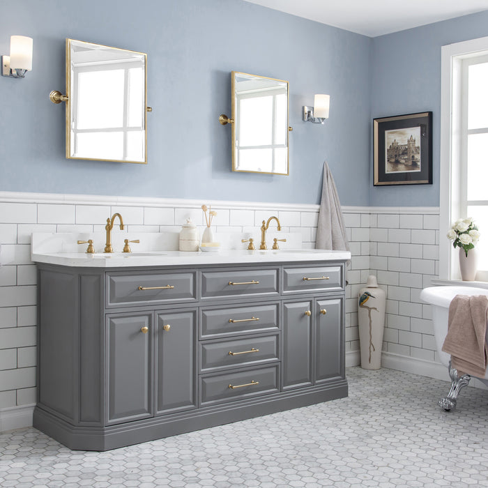 72-Inch Grey Quartz Countertop Exalt Double Vanity – Satin Gold Accents & Hook Faucets