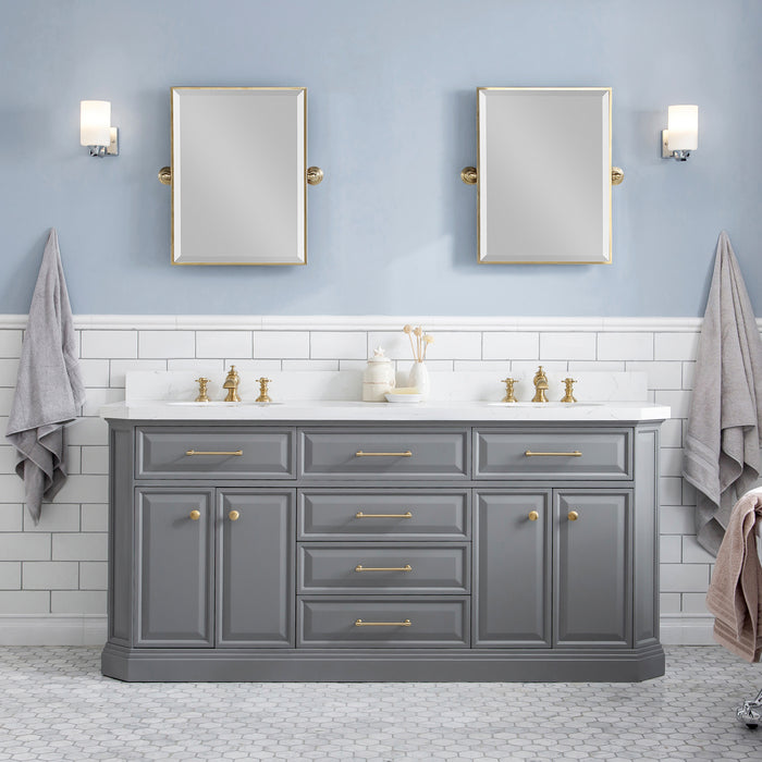 72-Inch Contour Quartz Top Double Sink Vanity – Satin Gold Hardware with Mirrors