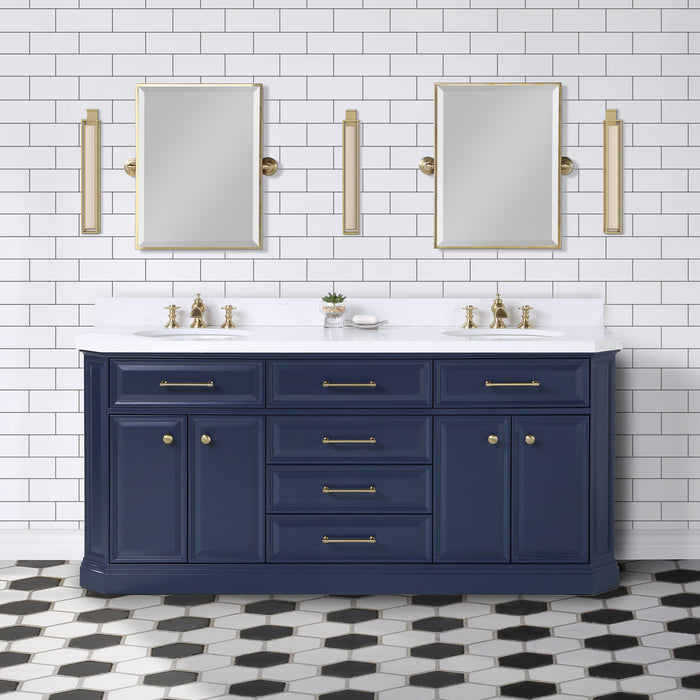 72-Inch Carrara Quartz Chaucer Vanity Set Monarch Blue – Gold Hardware & Waterfall Faucets