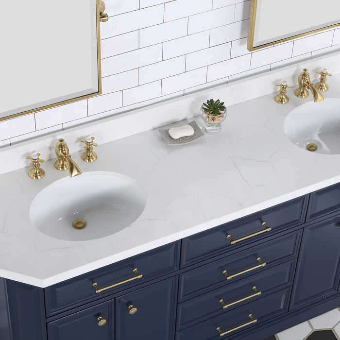 72-Inch Carrara Quartz Chaucer Vanity Set Monarch Blue – Gold Hardware & Waterfall Faucets