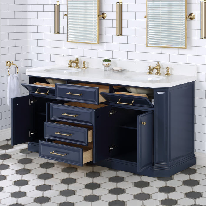 72-Inch Carrara Quartz Chaucer Vanity Set Monarch Blue – Gold Hardware & Waterfall Faucets