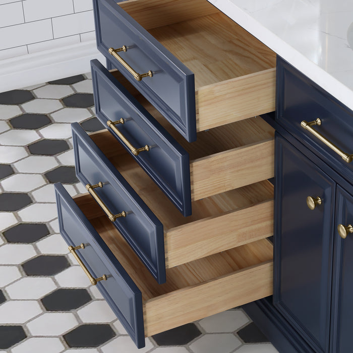 72-Inch Carrara Quartz Chaucer Vanity Set Monarch Blue – Gold Hardware & Waterfall Faucets