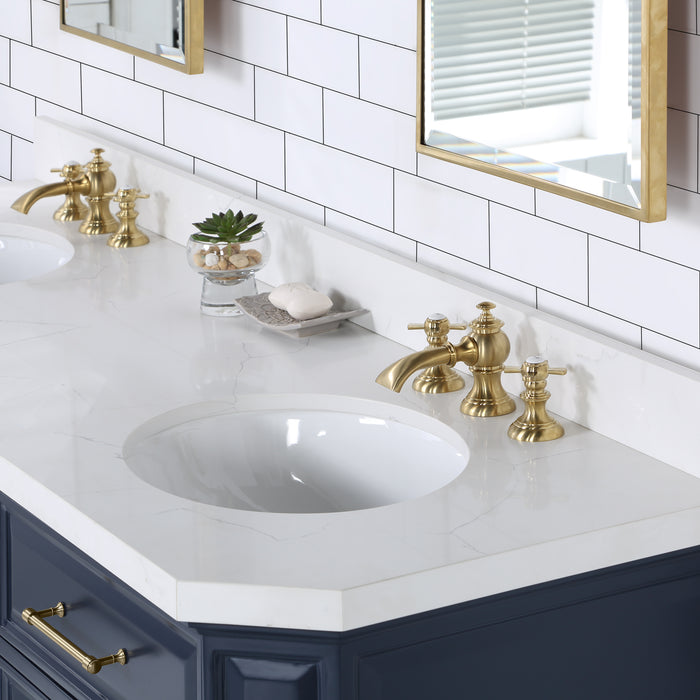 72-Inch Carrara Quartz Chaucer Vanity Set Monarch Blue – Gold Hardware & Waterfall Faucets