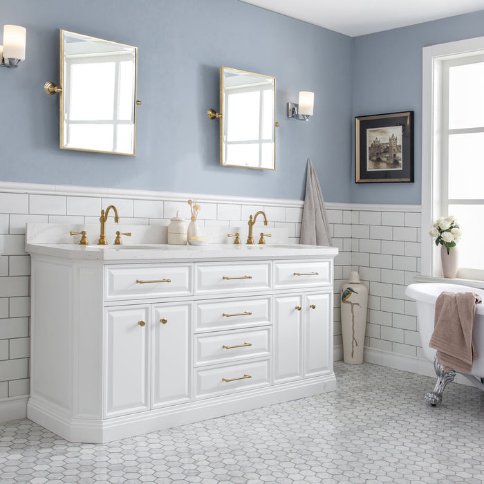 72-Inch Celestia Quartz Bath Vanity – White Cabinet with Gold Hardware & Hook Faucets