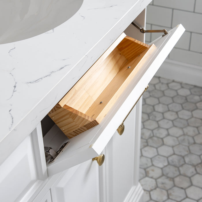 72-Inch Zaire Bathroom Vanity – Carrara Quartz Top & Satin Gold Accents
