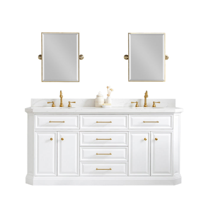 72-Inch Visible Bathroom Vanity – Quartz Top with Gold Hardware & Rectangular Mirrors