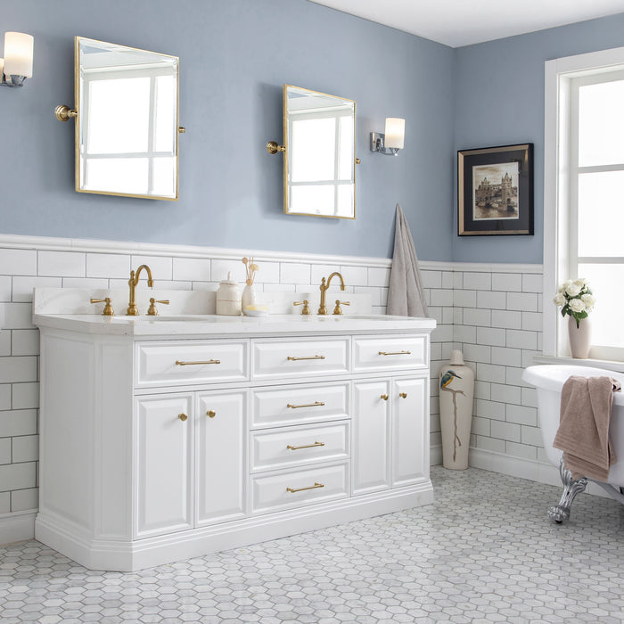 72-Inch Visible Bathroom Vanity – Quartz Top with Gold Hardware & Rectangular Mirrors