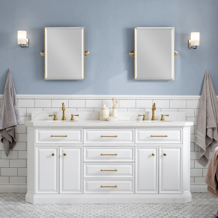 72-Inch Visible Bathroom Vanity – Quartz Top with Gold Hardware & Rectangular Mirrors