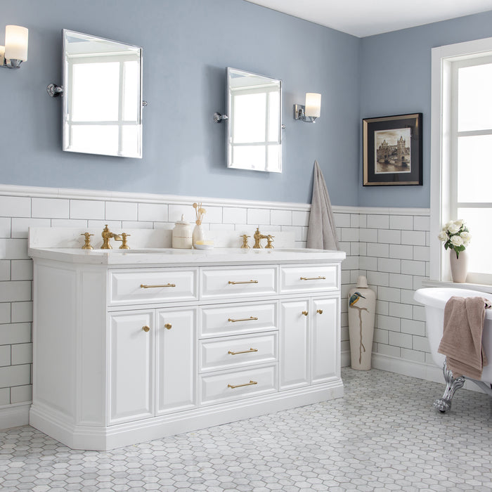 72-Inch Zaire Bathroom Vanity – Carrara Quartz Top & Satin Gold Accents