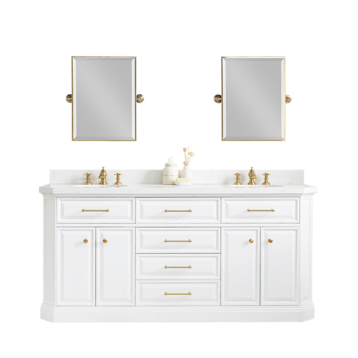 72-Inch Toulouse Double Sink Vanity in Pure White – Satin Gold with Quartz Countertop & Mirrors