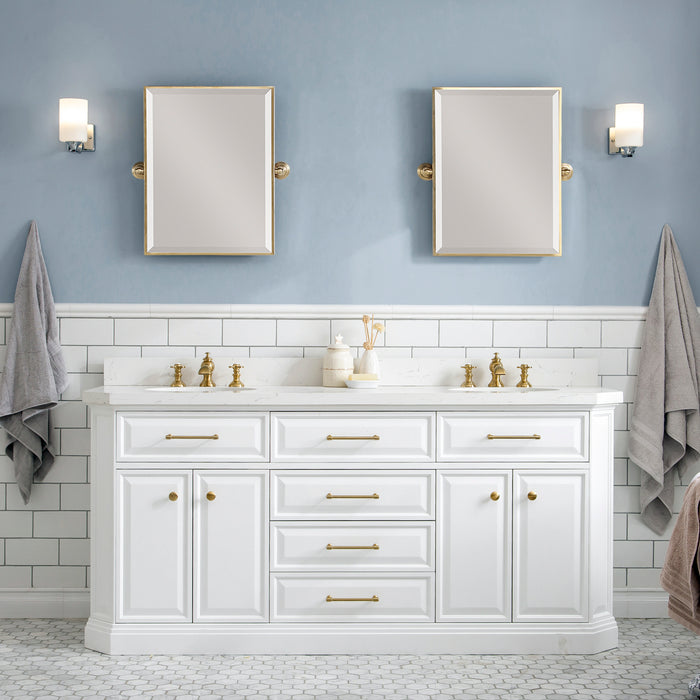 72-Inch Toulouse Double Sink Vanity in Pure White – Satin Gold with Quartz Countertop & Mirrors