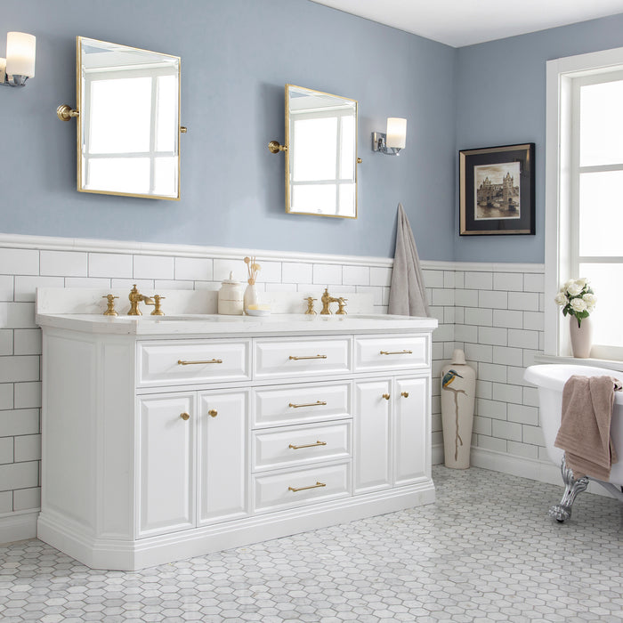 72-Inch Toulouse Double Sink Vanity in Pure White – Satin Gold with Quartz Countertop & Mirrors
