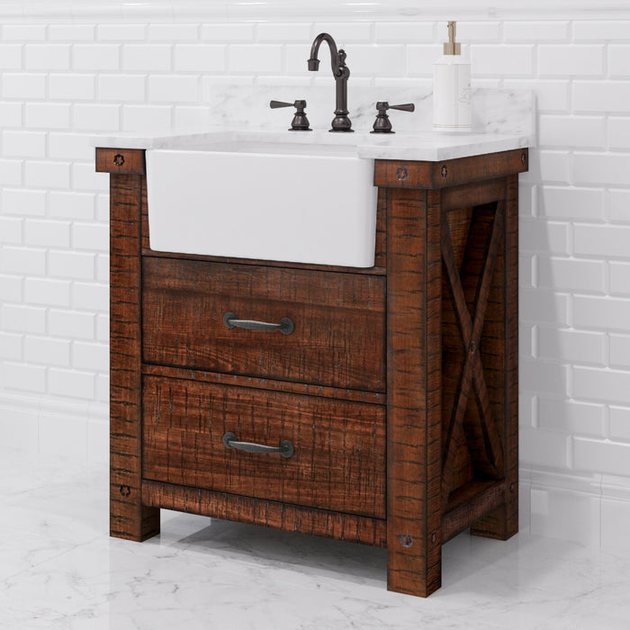 30 Inch Carrara White Marble Baxley Bathroom Vanity Rustic Sienna Finish with Oil Rubbed Bronze Hardware