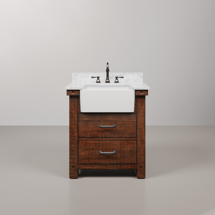 30 Inch Carrara White Marble Baxley Bathroom Vanity Rustic Sienna Finish with Oil Rubbed Bronze Hardware