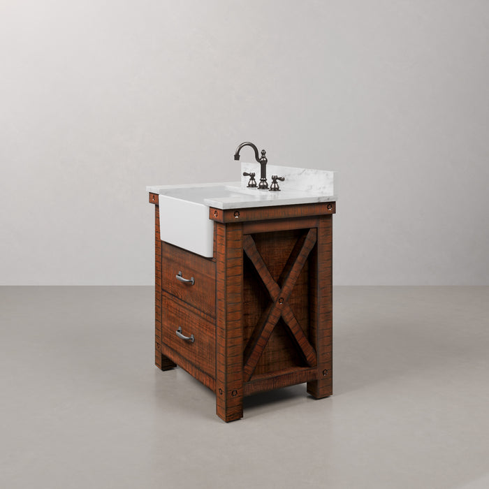 30 Inch Carrara White Marble Baxley Bathroom Vanity Rustic Sienna Finish with Oil Rubbed Bronze Hardware