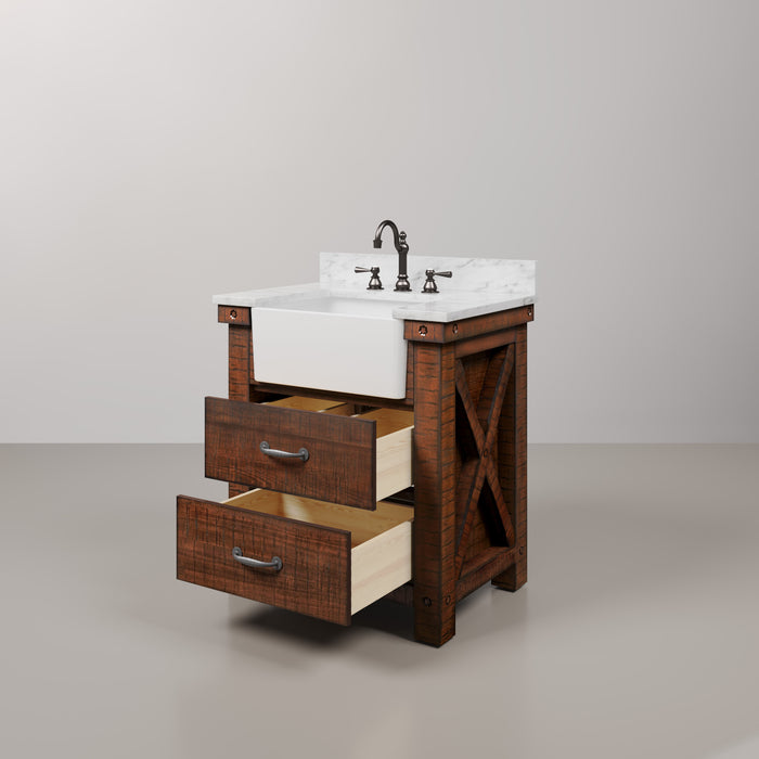 30 Inch Carrara White Marble Baxley Bathroom Vanity Rustic Sienna Finish with Oil Rubbed Bronze Hardware