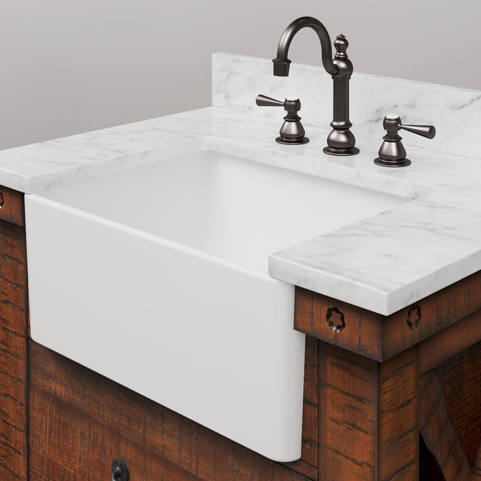 30 Inch Carrara White Marble Baxley Bathroom Vanity Rustic Sienna Finish with Oil Rubbed Bronze Hardware