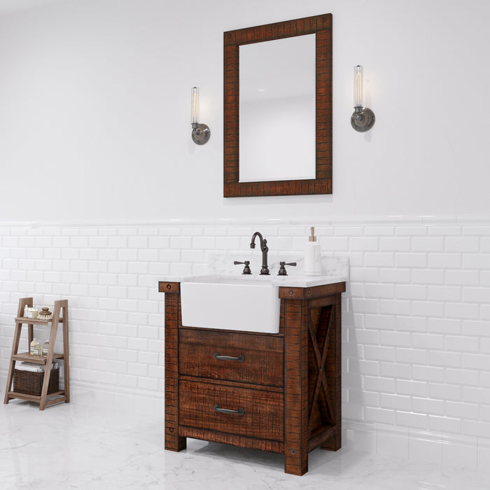 30 Inch Rustic Sienna Brighton Vanity Set - Carrara White Marble Top with Rectangular Mirror