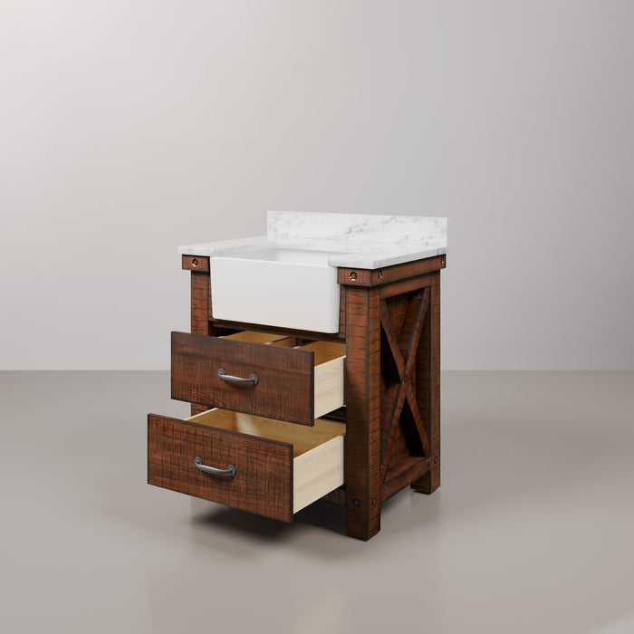 30 Inch Rustic Sienna Brighton Vanity Set - Carrara White Marble Top with Rectangular Mirror