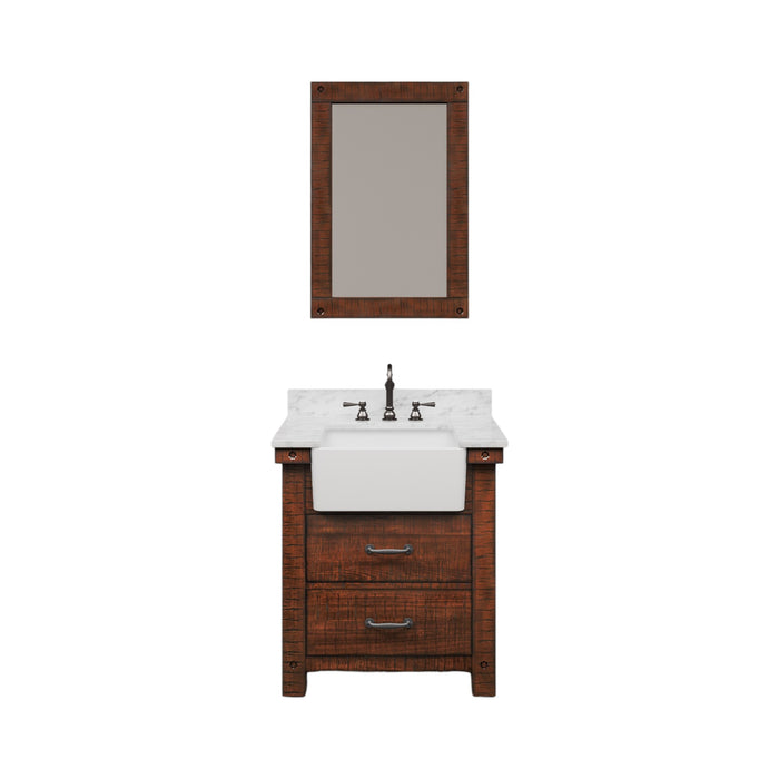 30-Inch Raleigh Single Sink Farmhouse Bathroom Vanity - Carrara Marble Top in Rustic Sienna with Faucet & Mirror
