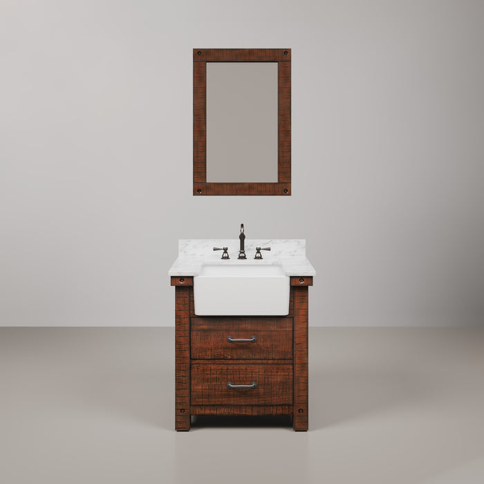 30-Inch Raleigh Single Sink Farmhouse Bathroom Vanity - Carrara Marble Top in Rustic Sienna with Faucet & Mirror
