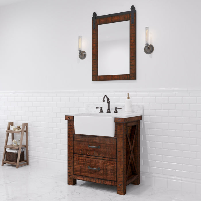 30 Inch Riverside Single Sink Carrara White Marble Vanity Rustic Sienna Wood Finish with Barn Door Style Mirror