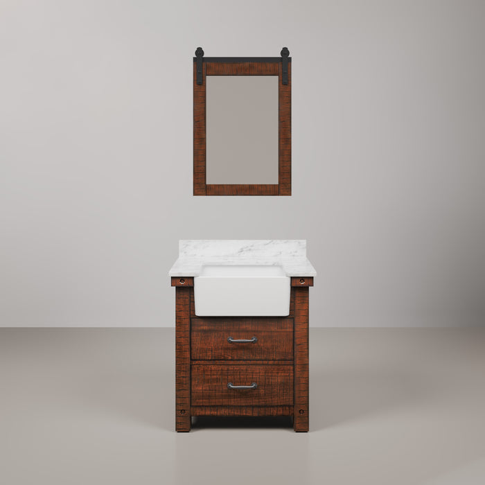 30 Inch Riverside Single Sink Carrara White Marble Vanity Rustic Sienna Wood Finish with Barn Door Style Mirror