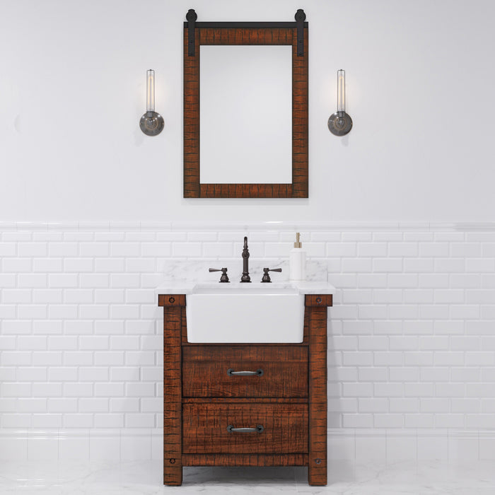 30 Inch Riverside Single Sink Carrara White Marble Vanity Rustic Sienna Wood Finish with Barn Door Style Mirror