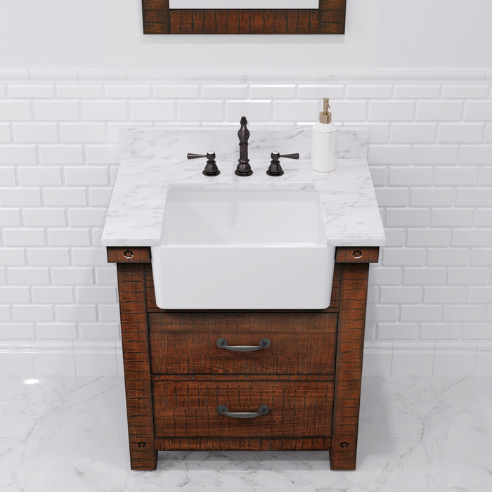 30 Inch Riverside Single Sink Carrara White Marble Vanity Rustic Sienna Wood Finish with Barn Door Style Mirror