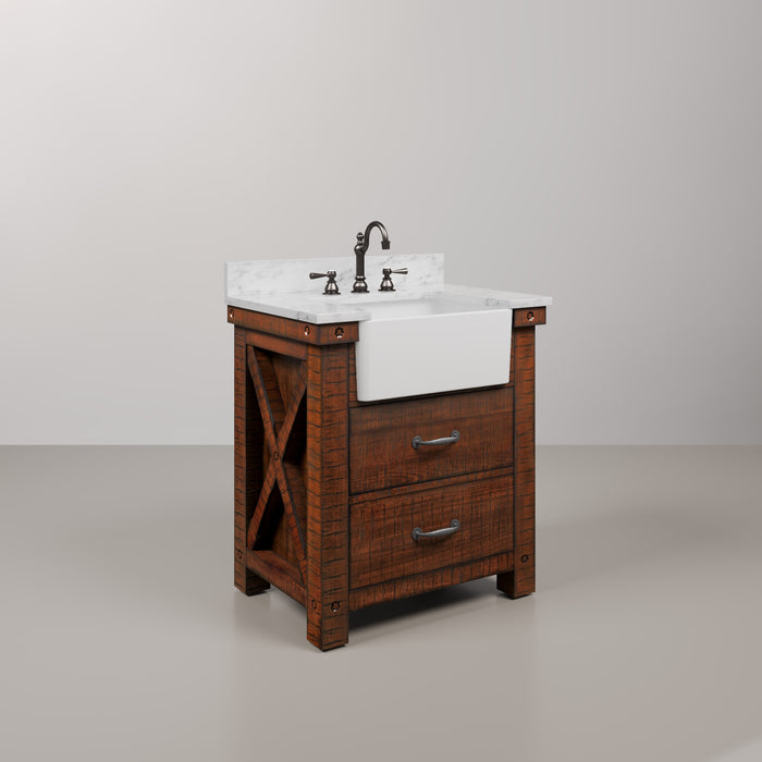 30-Inch Single Sink Carrara White Marble Savannah Vanity in Rustic Sienna with Oil Rubbed Bronze Faucet and Barn Door Mirror