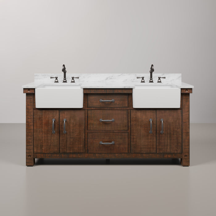 72 Inch Pitch Double Sink Rustic Sienna Bathroom Vanity - Carrara Marble Countertop with Oil Rubbed Bronze Hook Faucets & Soft Close Drawers