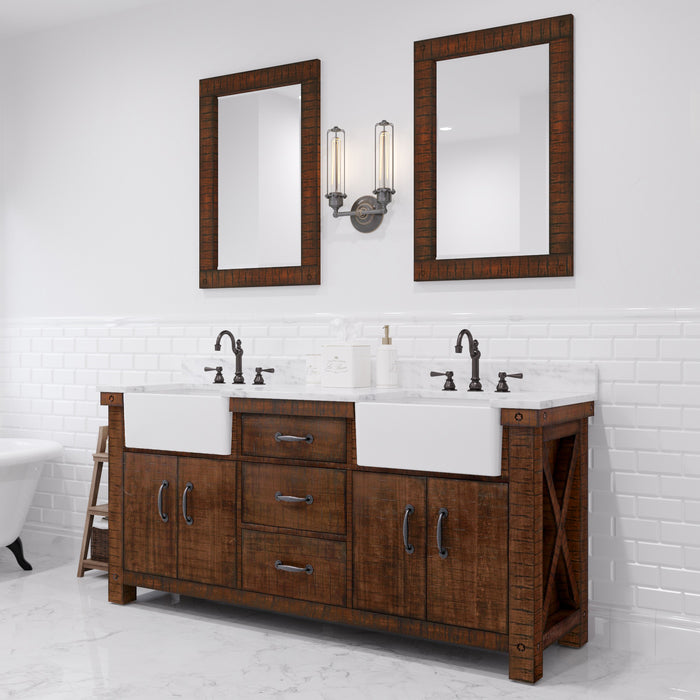 72 Inch Restore Carrara White Marble Double Sink Bathroom Vanity Rustic Sienna Soft Close Drawers Mirrors
