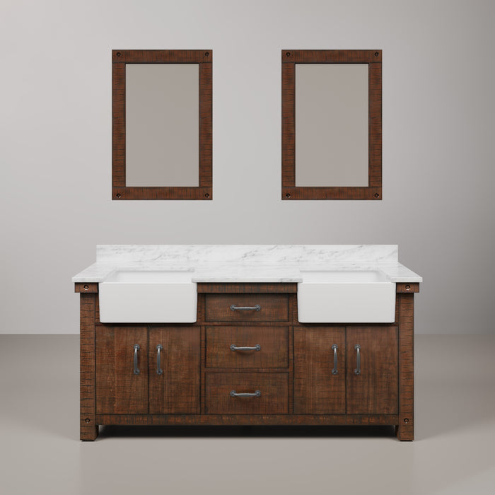 72 Inch Restore Carrara White Marble Double Sink Bathroom Vanity Rustic Sienna Soft Close Drawers Mirrors
