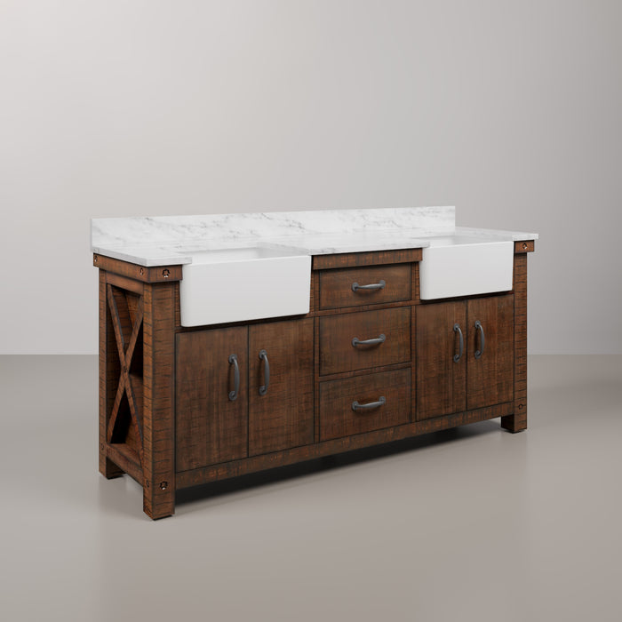 72 Inch Restore Carrara White Marble Double Sink Bathroom Vanity Rustic Sienna Soft Close Drawers Mirrors