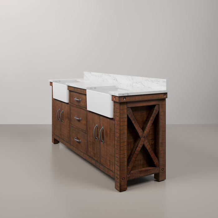 72 Inch Restore Carrara White Marble Double Sink Bathroom Vanity Rustic Sienna Soft Close Drawers Mirrors