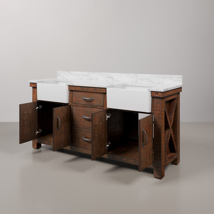 72 Inch Restore Carrara White Marble Double Sink Bathroom Vanity Rustic Sienna Soft Close Drawers Mirrors
