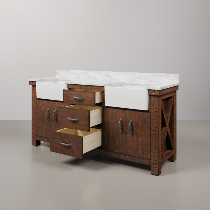 72 Inch Restore Carrara White Marble Double Sink Bathroom Vanity Rustic Sienna Soft Close Drawers Mirrors