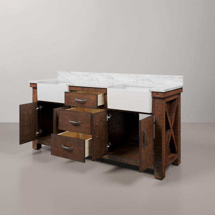 72 Inch Restore Carrara White Marble Double Sink Bathroom Vanity Rustic Sienna Soft Close Drawers Mirrors