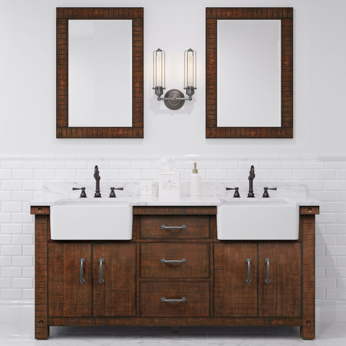 72 Inch Restore Carrara White Marble Double Sink Bathroom Vanity Rustic Sienna Soft Close Drawers Mirrors