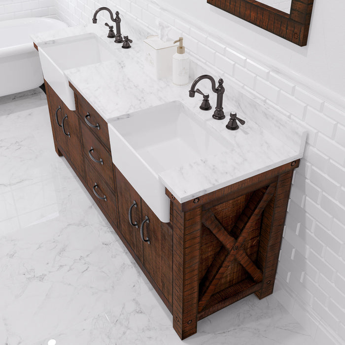 72 Inch Restore Carrara White Marble Double Sink Bathroom Vanity Rustic Sienna Soft Close Drawers Mirrors
