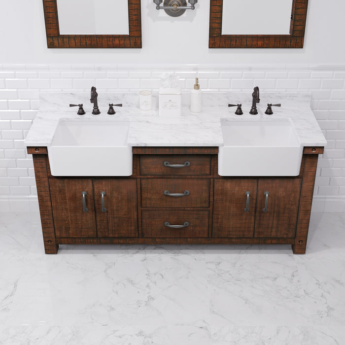 72 Inch Restore Carrara White Marble Double Sink Bathroom Vanity Rustic Sienna Soft Close Drawers Mirrors