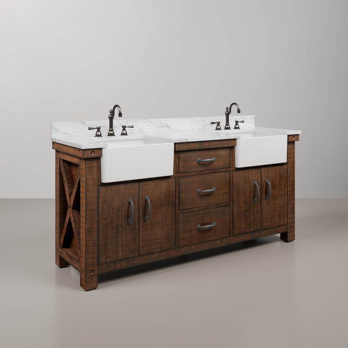 72-Inch Rustic Sienna Privy Bathroom Vanity Set - Double Sink Carrara Marble Top with Rectangular Mirrors